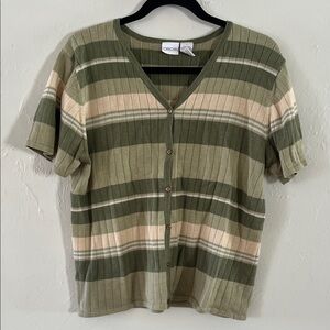 Cherokee Olive and Cream Striped Knit Short Sleeve Top